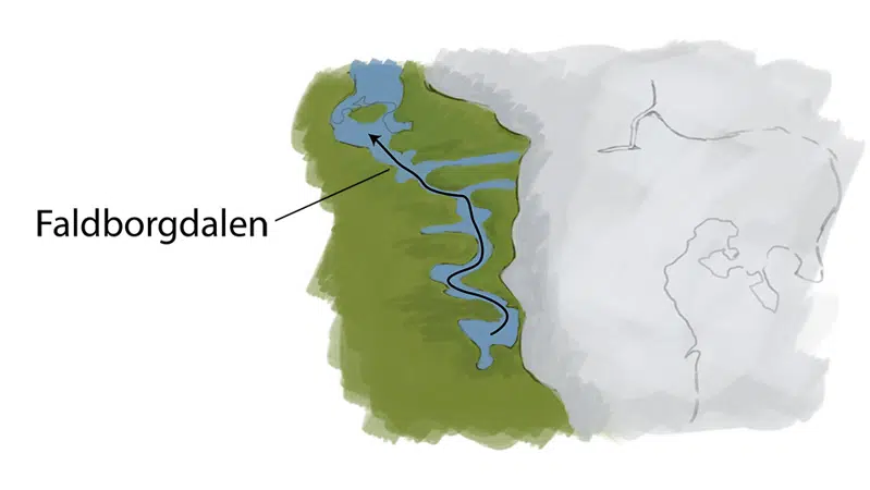 Tegning, der viser gletsjerne med afstrømning gennem Faldborgdalen op mod Limfjorden